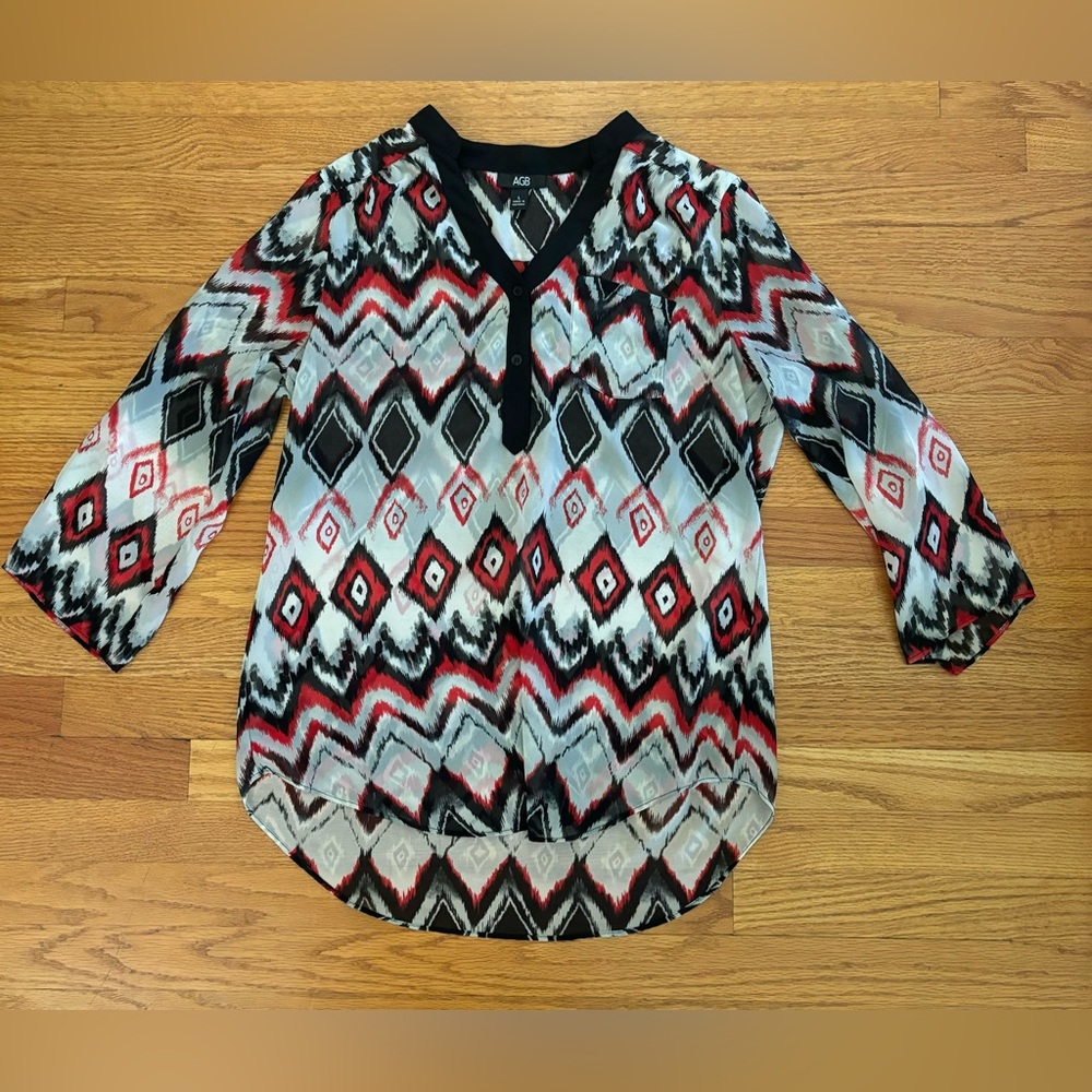 AGB Blouse Women’s Large Multicolor Top Geometric Design Top Semi Sheer Shirt